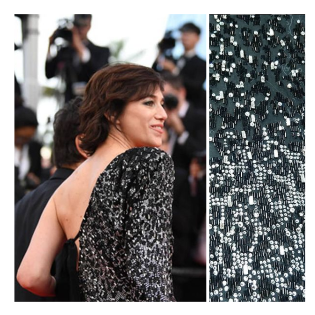 L'actrice française Charlotte Gainsbourg, portant au Festival de Cannes, une robe signée Yves Saint-Laurent x INVENIO FLORY