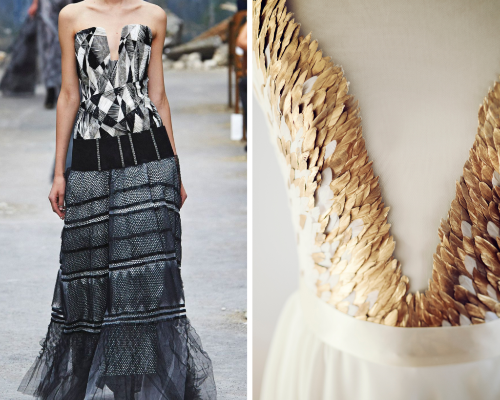 Robes haute-couture avec bustier en plumes